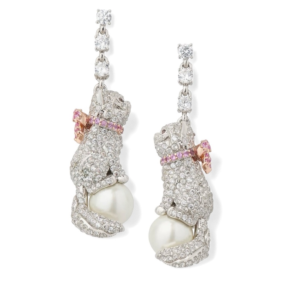 Kate Spade Pawlina Cat with Pink Bow Rhinestone Faux Pearl Linear Earrings NEW - Picture 1 of 8